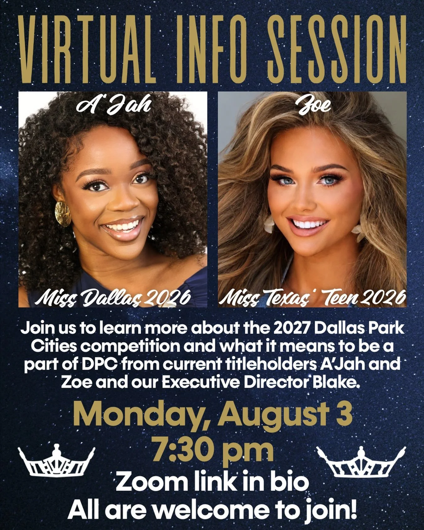 Come find out what DPC is all about from two people who know it best - A&rsquo;Jah &amp; Zoe! Join us August 3rd at 7:30 pm CT to learn about the 2027 competition &amp; find out what made their year so special. Zoom link in bio. See you there!!!