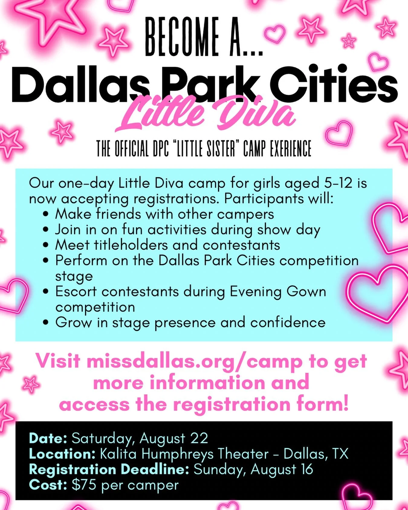 🚨CALLING ALL LITTLE DIVAS!🚨 DPC is excited to welcome back our Little Sister camp experience with our one-day DPC Little Diva Camp! Do you know a girl 5-12 years old that would love to spend the day with titleholders and contestants, work on stage 