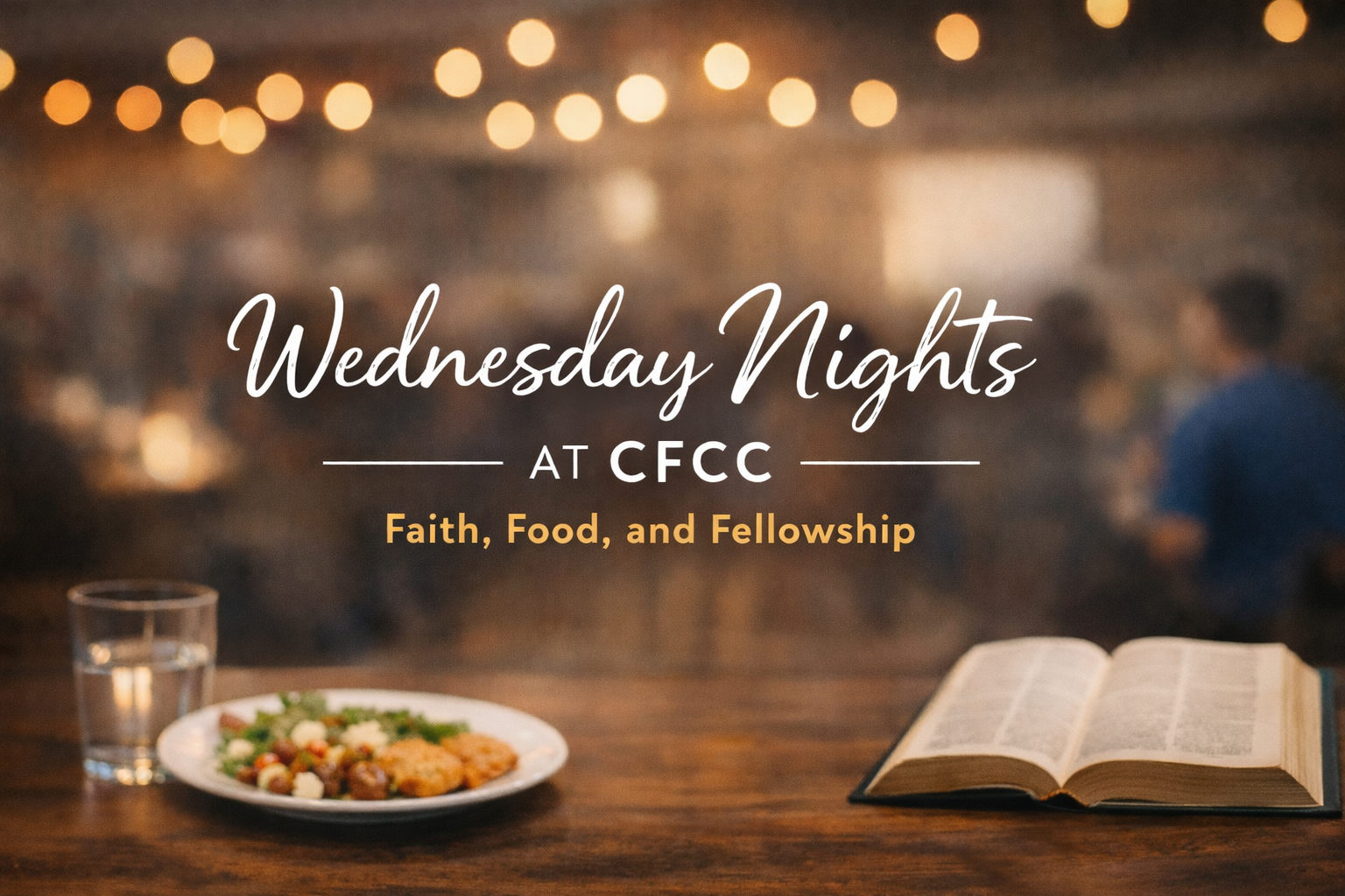 Event poster for Wednesday Nights at CFCC with faith, food, and fellowship, featuring a blurred background of people and warm string lights, a glass of water, a plate of food, and an open Bible on a wooden table.