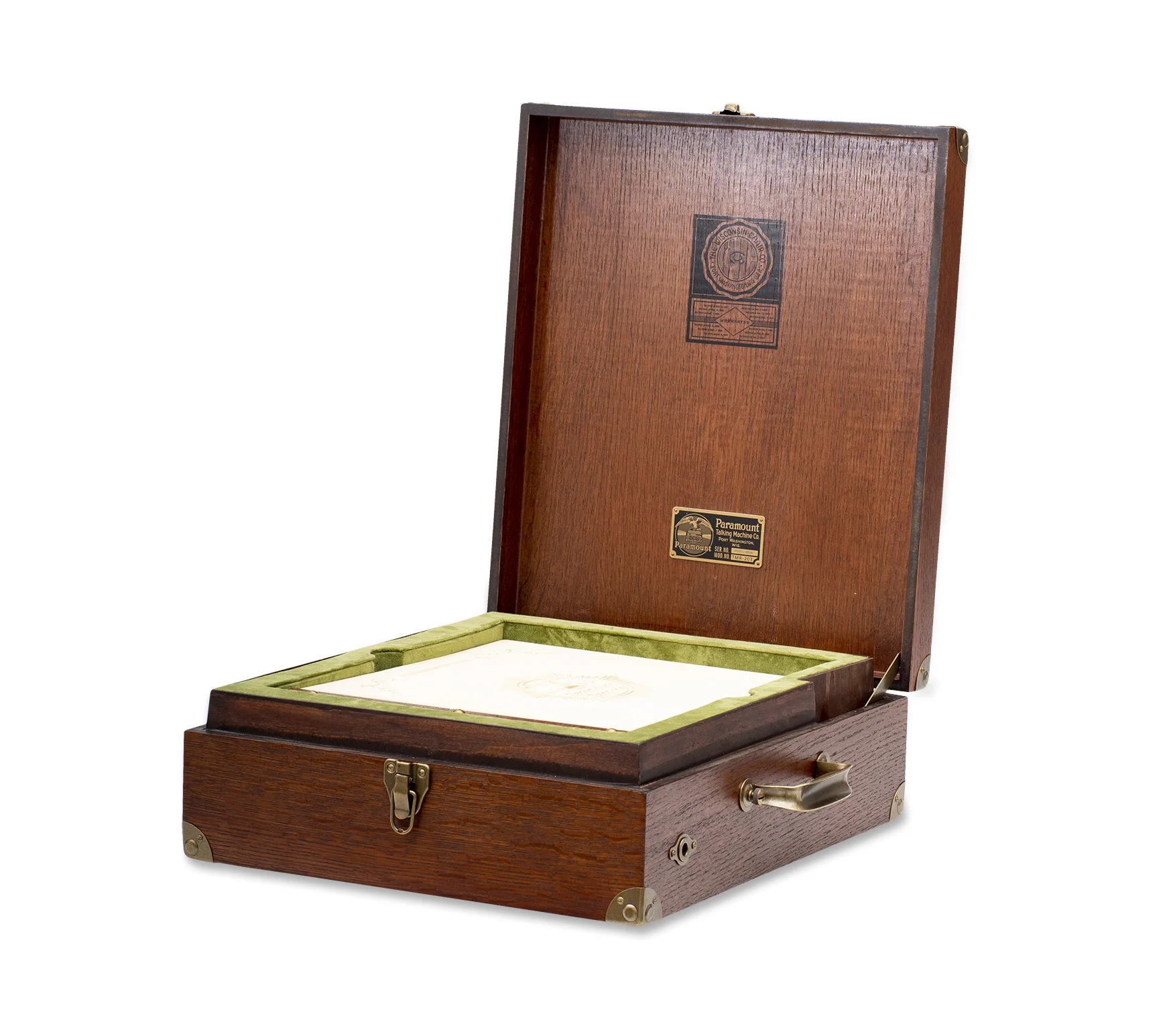 The handcrafted wood box, based on the iconic Victrola VV-50, is constructed from quarter sawn oak over MDF for structural integrity and decorated with a molded escutcheon on top, featuring the Paramount eagle over an LP record.