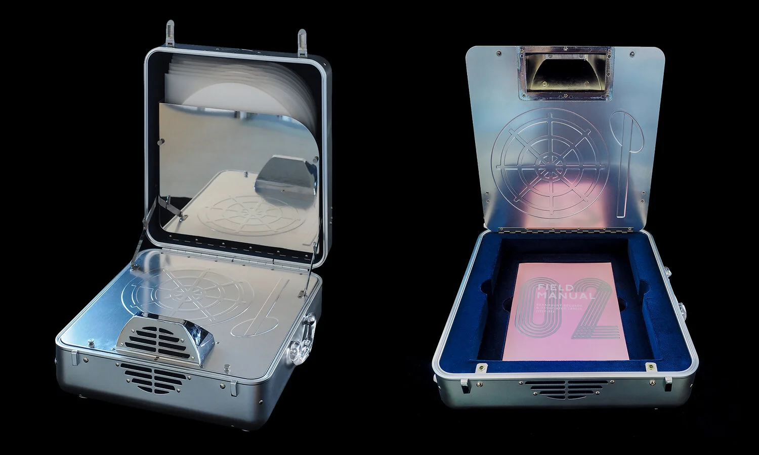 The handcrafted aluminum case is constructed from satin aluminum and polished stainless steel and finished with a polished aluminum identity plate, decorated with an art deco Paramount logo and wings and stamped with a sequential number to reflect the aluminum box’s unique number within the set of 5,000.