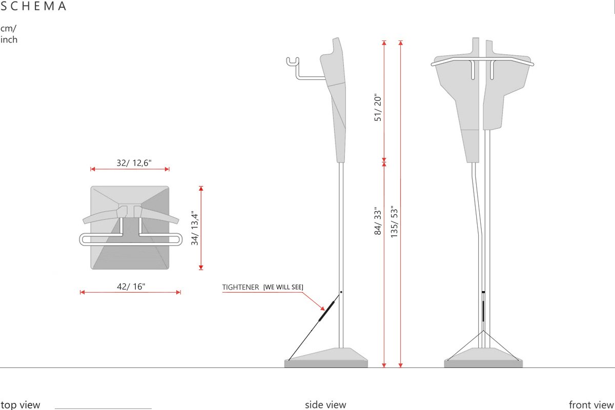 S/ HR II / Double free standing hanger. Materials: wenge wood, stainless steel, polished white concrete, wool felt. The wood body with metal arms will connect to a stainless steel leg standing on a concrete base with a pad underneath. Dimensions ar