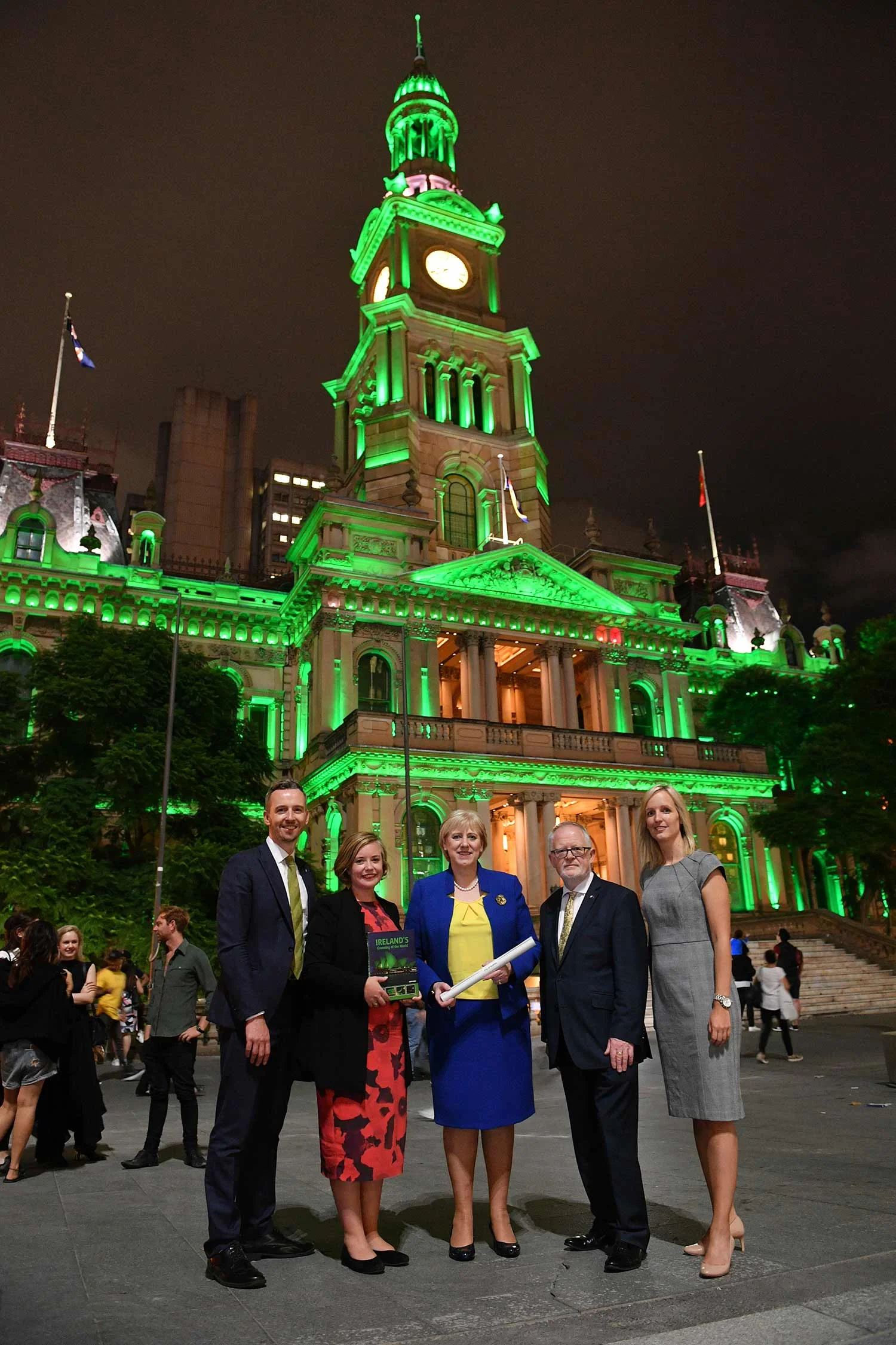 Pictured at a green-lit Sydney Town Hall are (from left): Owen Feeney, Consul General of Ireland; Linda Scott, Deputy Lord Mayor of Sydney; Heather Humphreys, Ireland’s Minister for Business, Enterprise, and Innovation; Breandán Ó Caollaí, Irish Ambassador in Australia, and Sofia Hansson, director of, Tourism Ireland, Australia and New Zealand.