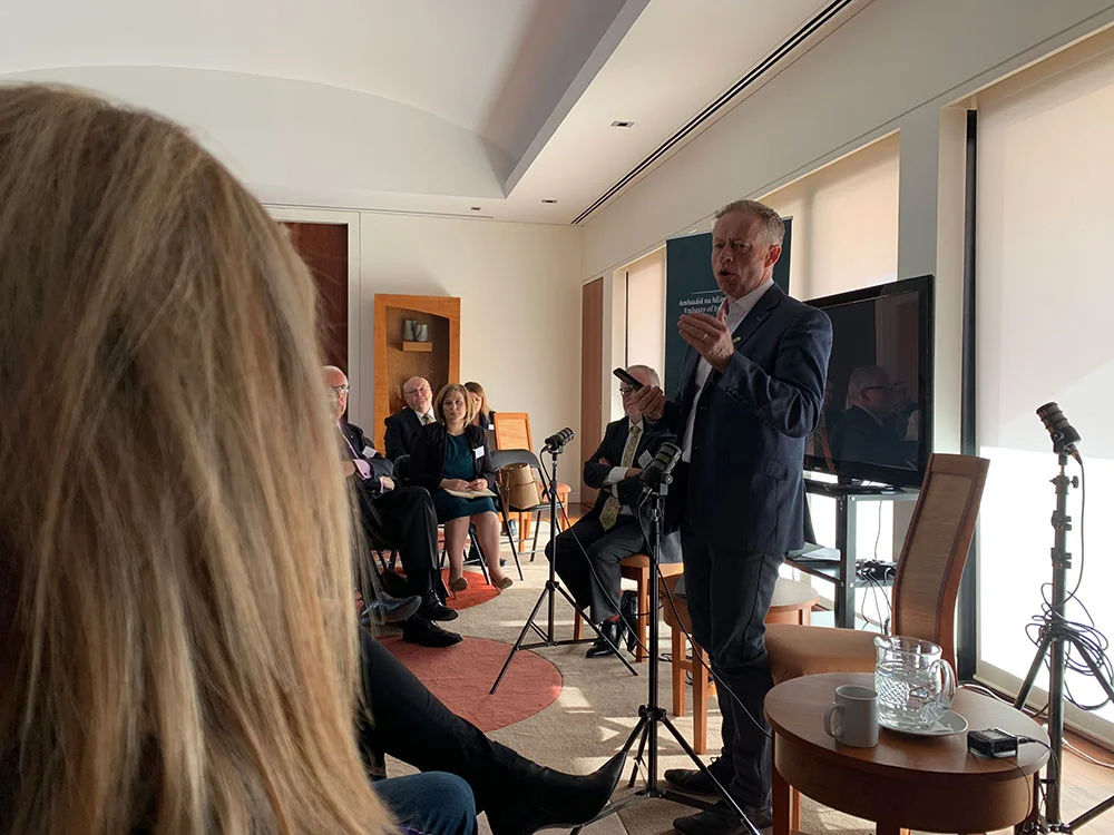Minister of State for the Diaspora Ciaran Cannon addresses the Link Plus gathering at the Embassy of Ireland in Canberra on Saturday.