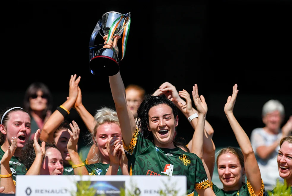 Sam McKillen lifts the trophy after leading the Australasian Irish-born women to victory at the GAA’s World Games competition at Croke Park. Picture: Piaras Ó Mídheach/Sportsfile