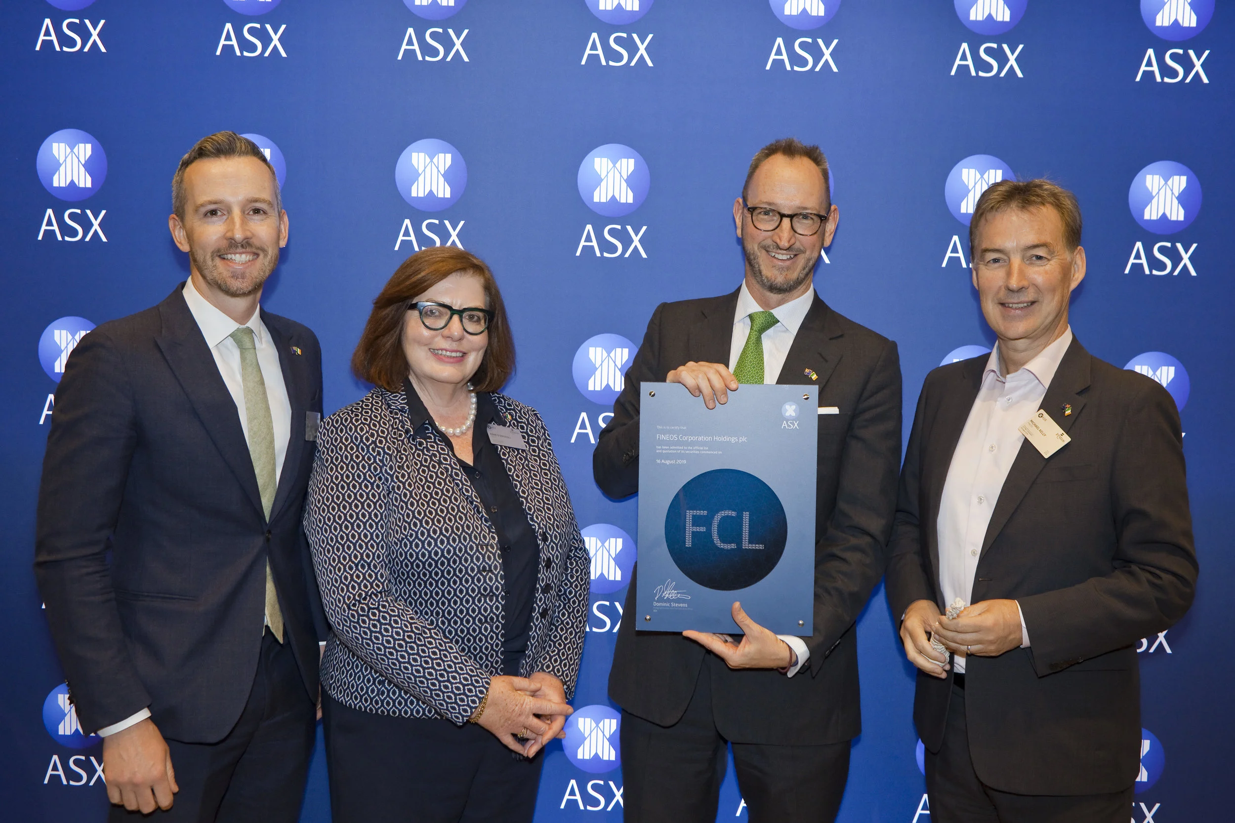 Irish Consul General Owen Feeney, FINEOS chairperson Anne Driscoll, the ASX’s executive general manager of listings Max Cunningham, and CEO Michael Kelly celebrated the Irish company’s connection with Australia.