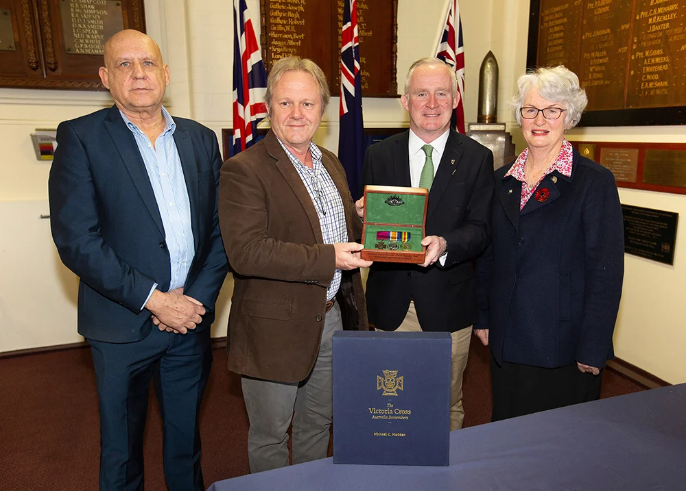 The Head of Museums at Australian Army Headquarters, Neil Dailey (centre left) holds the Victoria Cross with Marty Kavanagh, Honorary Consul of Ireland Western Australia along with the Australian Army Museum of Western Australia’s Manager, Major Henry Fijolek (left) and Mrs Leith Landauer during the official ceremony of the loaning Sergeant Martin O’Meara's Victoria Cross to Ireland at the Australian Army Museum of Western Australia in Fremantle.