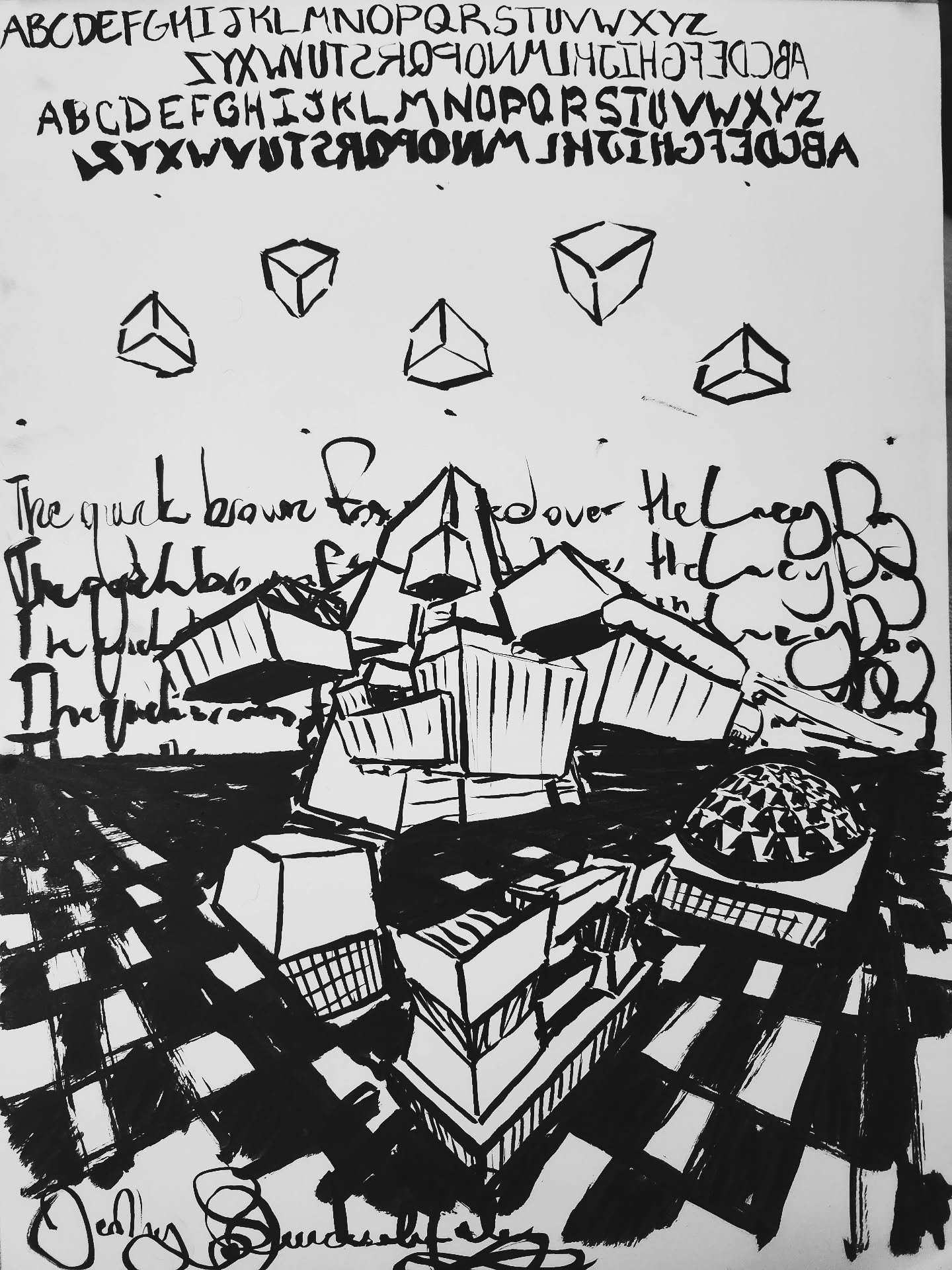 Average daily sketchbook exercised page;
I only use a quite-flexible #Pentel brush pen&mdash;and I use it on very smooth paper almost exclusively! 

Contents:

1. Ambidextrous, bidirectional majuscule (capital) letters (I write forwards with my right