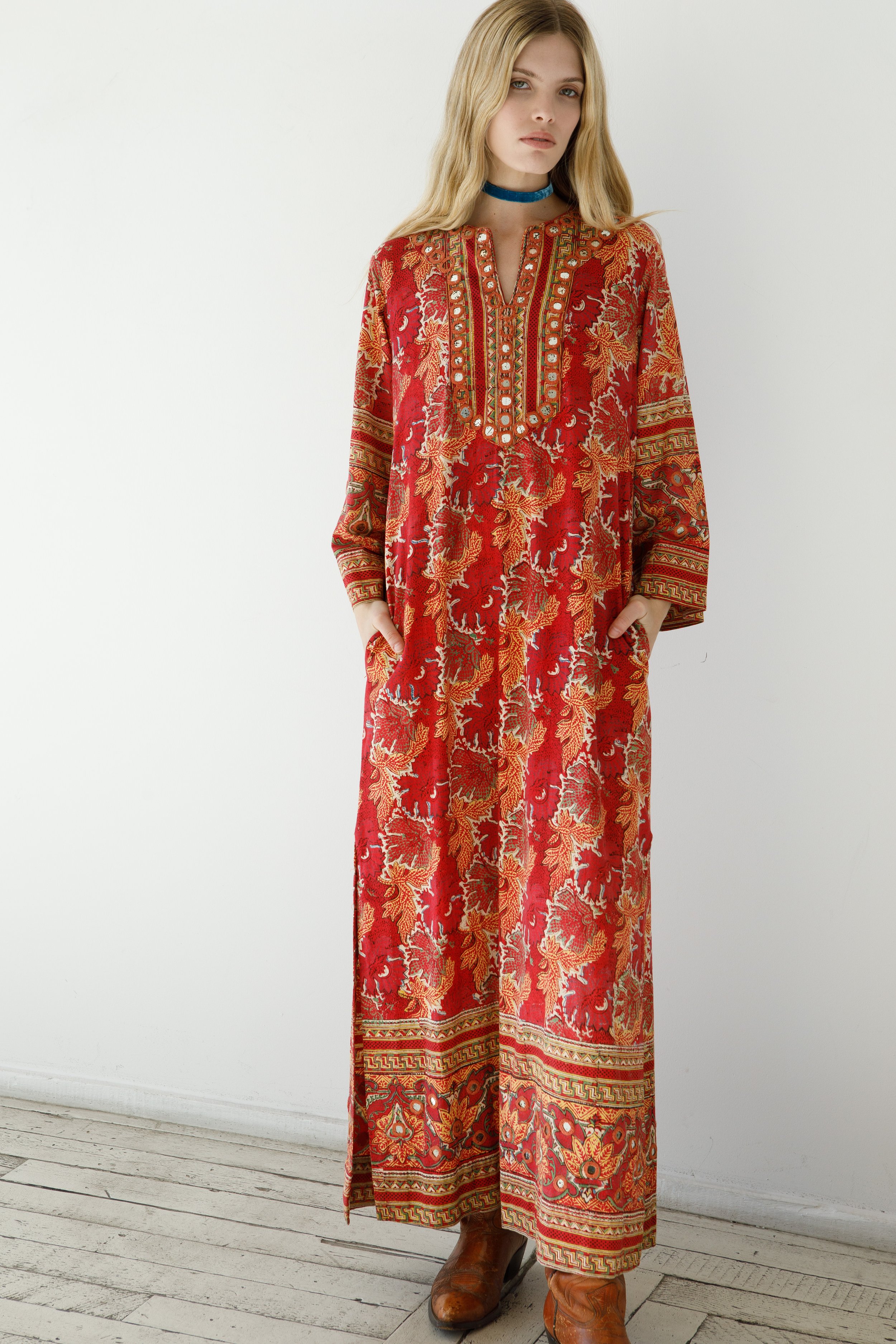 Mirror Embellished Indian Block Print Dress  Spanish Moss