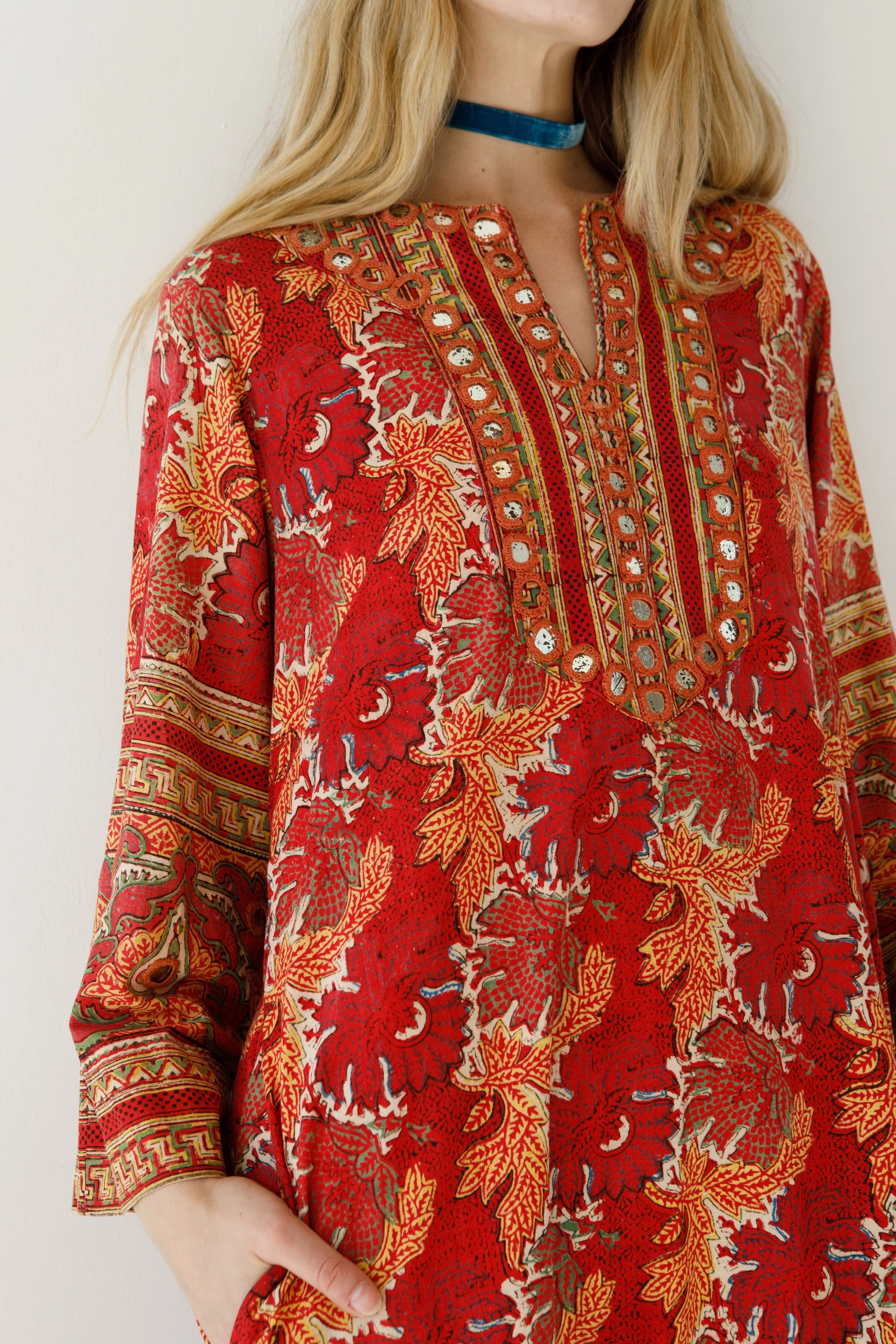 green emerald velvet dress Yellow Floral Hand Block Printed Maxi Dress  Belted A-Line Cotton Dress  with 3/4 Sleeves - 2XS