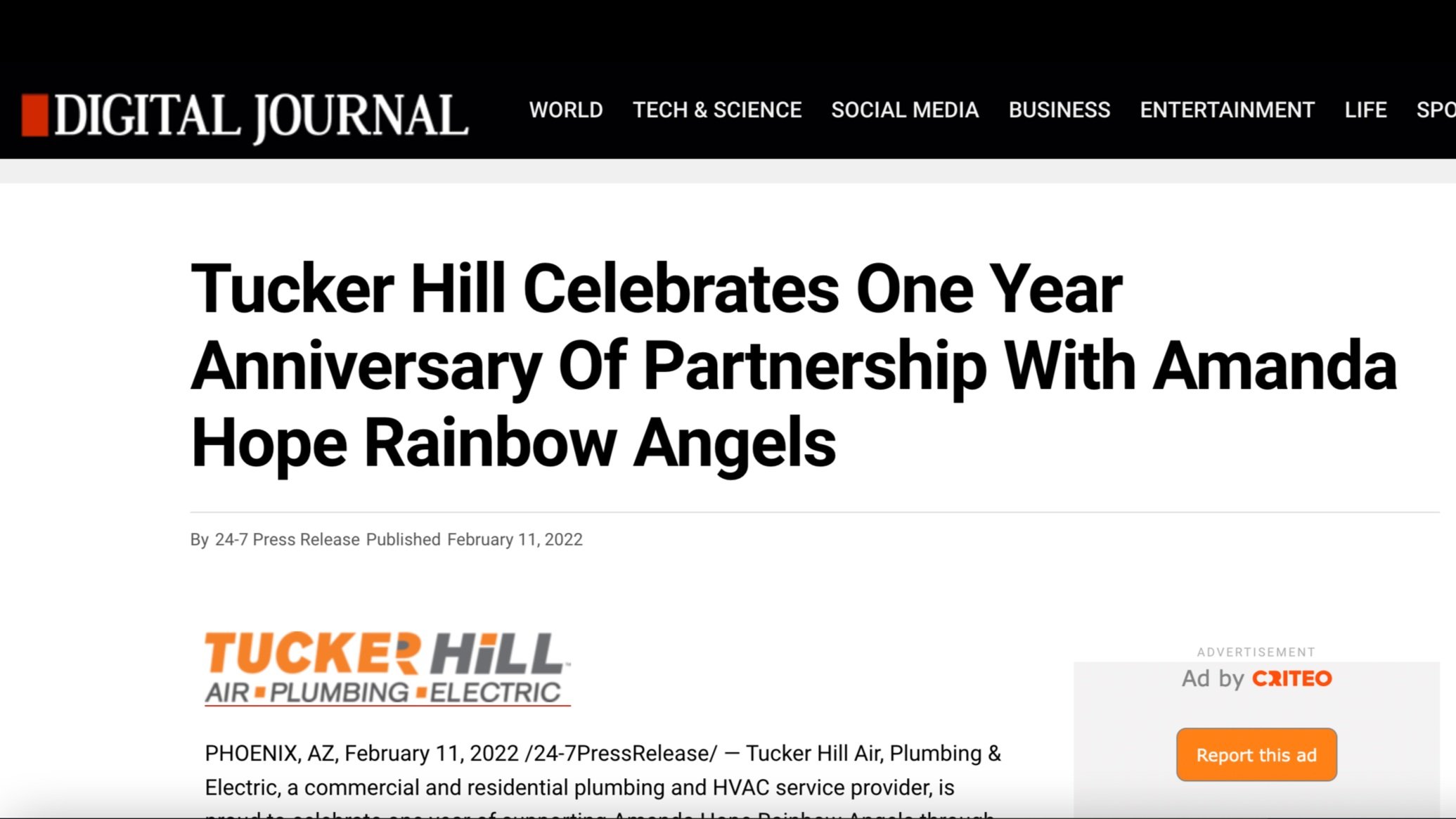 Digital Journal: Tucker Hill Celebrates One Year Anniversary Of Partnership With Amanda Hope Rainbow Angels (Copy)