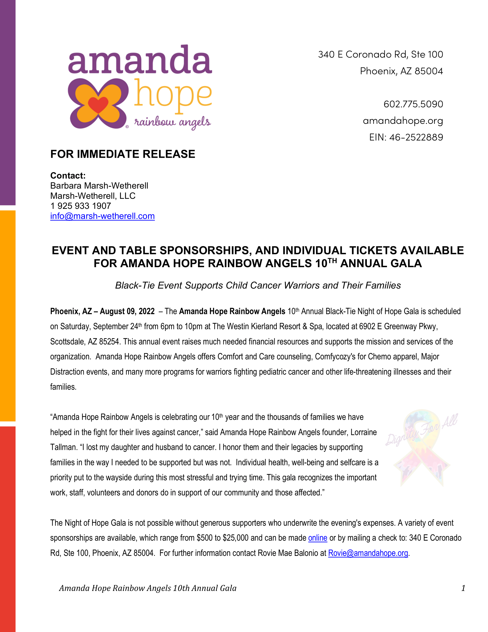 Event and Table Sponsorship, and Individual Tickets Available for Amanda Hope Rainbow Angels 10th Annual Gala 