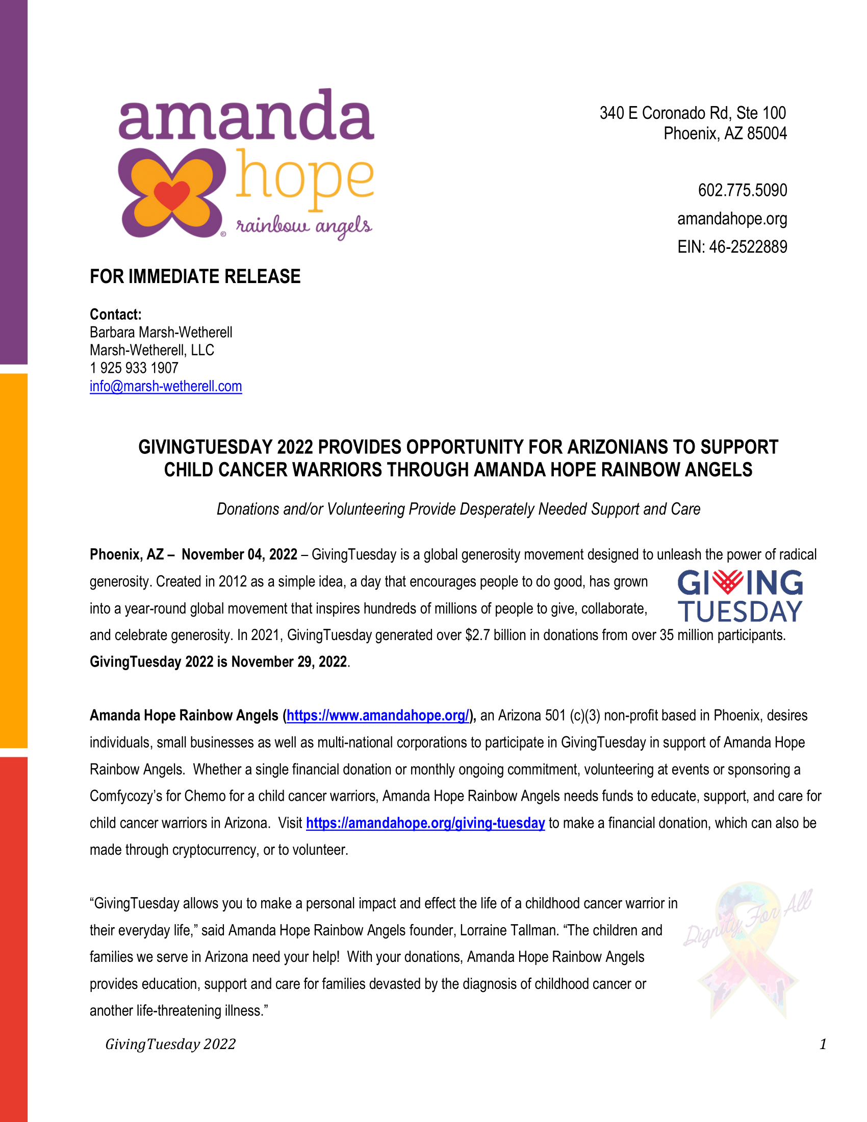 GIVINGTUESDAY 2022 PROVIDES OPPORTUNITY FOR ARIZONIANS TO SUPPORT CHILD CANCER WARRIORS THROUGH AMANDA HOPE RAINBOW ANGELS