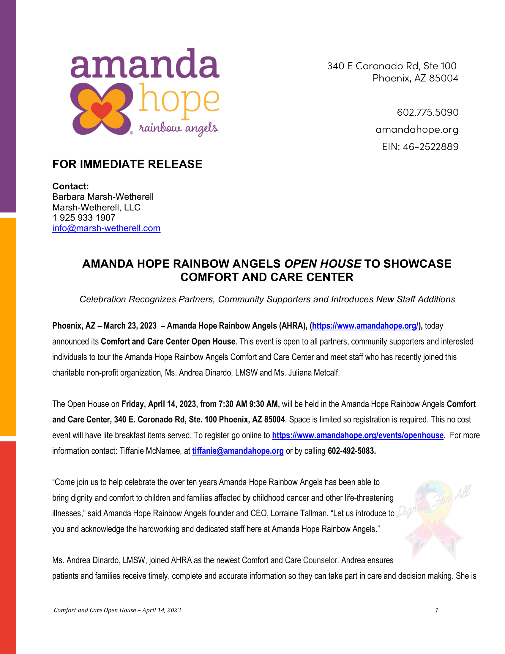 AMANDA HOPE RAINBOW ANGELS OPEN HOUSE TO SHOWCASE  COMFORT AND CARE CENTER