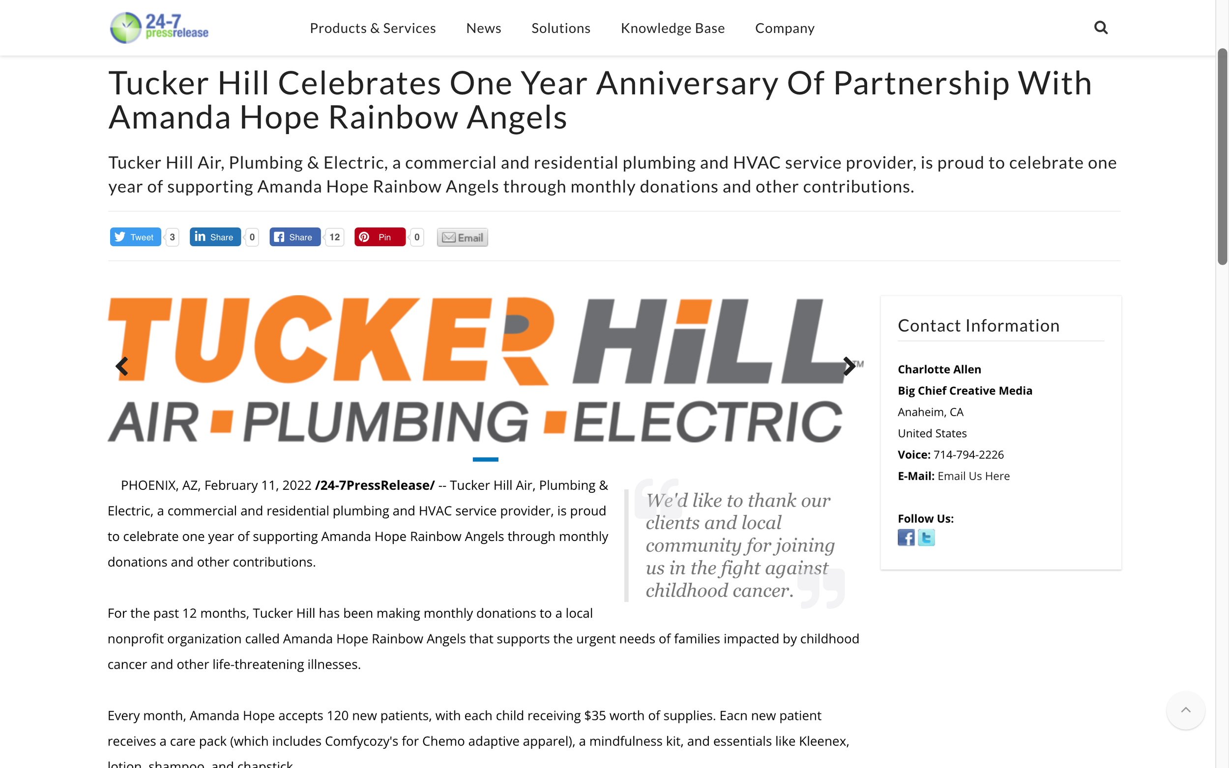 24 Hour Press Release: Tucker Hill Celebrates One Year Anniversary Of Partnership With Amanda Hope Rainbow Angels (Copy)