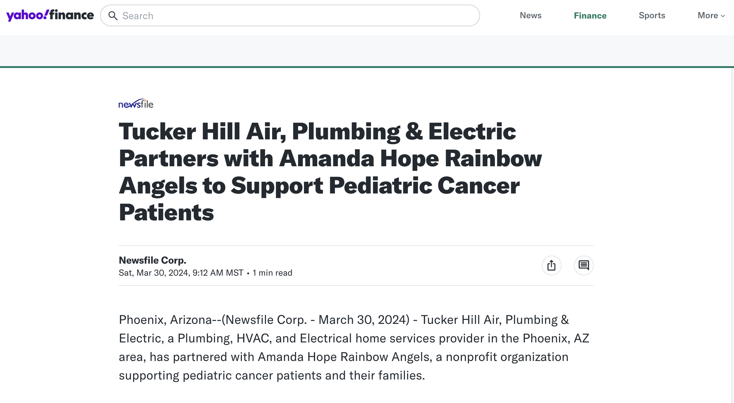 Newsfile Corp: Tucker Hill Air, Plumbing &amp; Electric Partners with Amanda Hope Rainbow Angels to Support Pediatric Cancer Patients