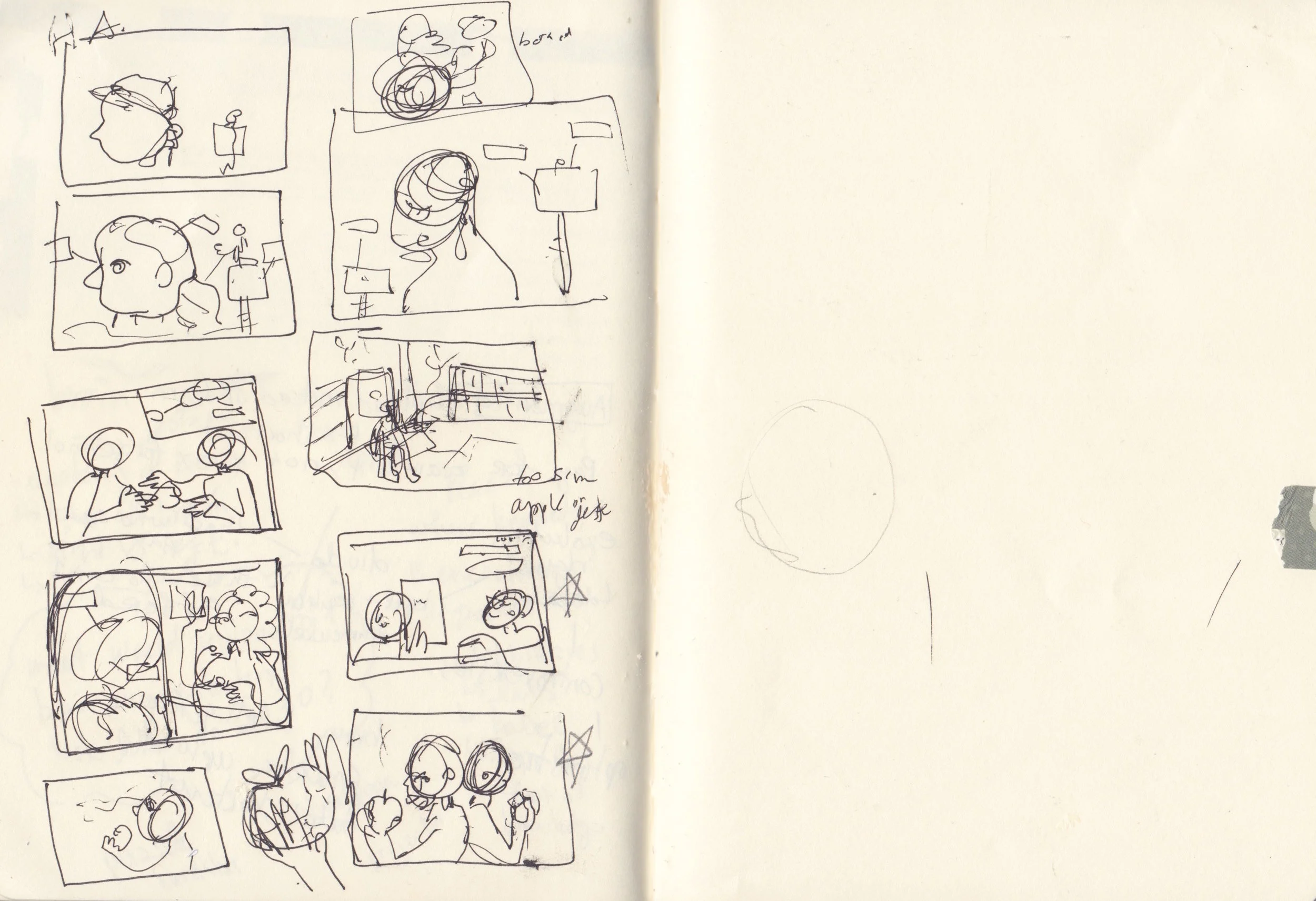 STEP TWO: THUMBNAIL SKETCHES. These are really really rough and usually just to see something in my head on paper, look at composition and most importantly: build up from. To be honest, I would show these to profs as sketches in Uni! During this job, I didn’t show this step as acceptable sketches to pitch. If you can tell, the main ideas I took from the mind-map/ brain-storm session were: the image of head being picked apart and decorated by tiny scientists, scientist creating their ideal knowledge upload like choosing stats for characters in DND/video games, A scientist as a librarian and the brain as a library, and using the “fruit of knowledge” concept from my good ol’ catholic upbringing as a way to acquire new skill set. Can you tell? Maybe not, which is why I wouldn’t present sketches at this stage.