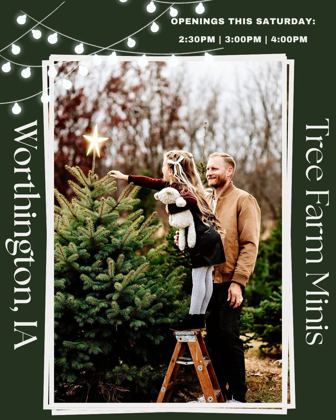 🎄Tree Farm Mini Openings🎄

This might be the FIRST year we actually get snow out at Tree Farm Minis, I cannot wait! We have Three openings left for Saturday!! 

Booking Link: https://book.usesession.com/s/2XksZx8l2v

#treefarmminis #familyphotos #t