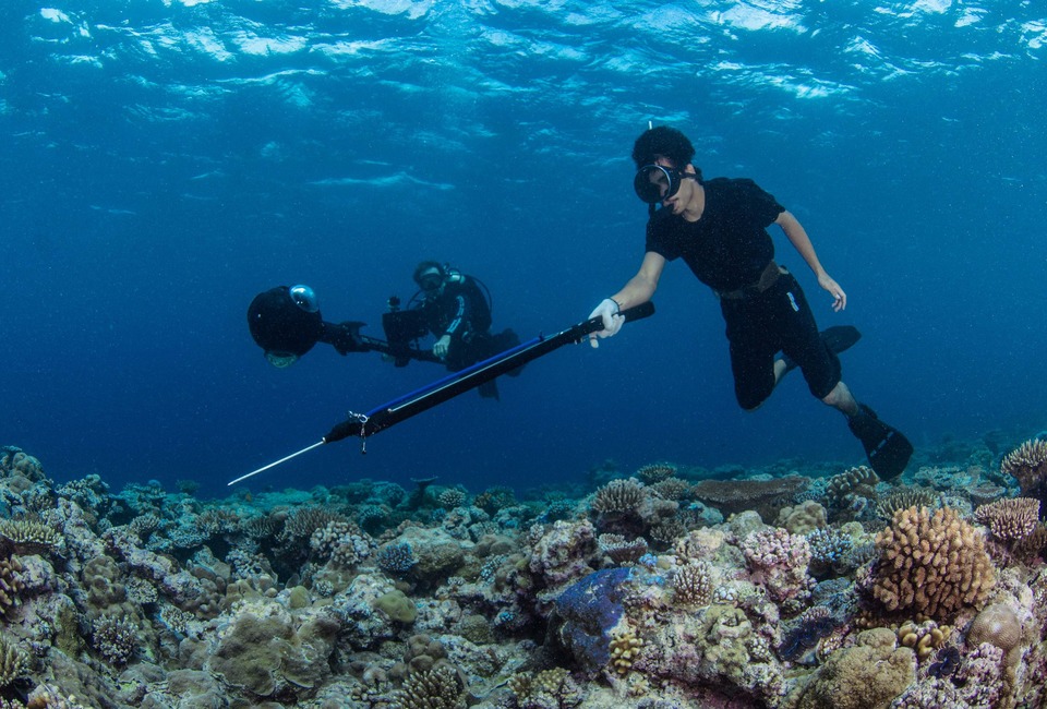 A local spear fisherman dives next to Christophe Bailhache collecting 360-degree imagery of a coral reef in Palau. ' ©The Ocean Agency'