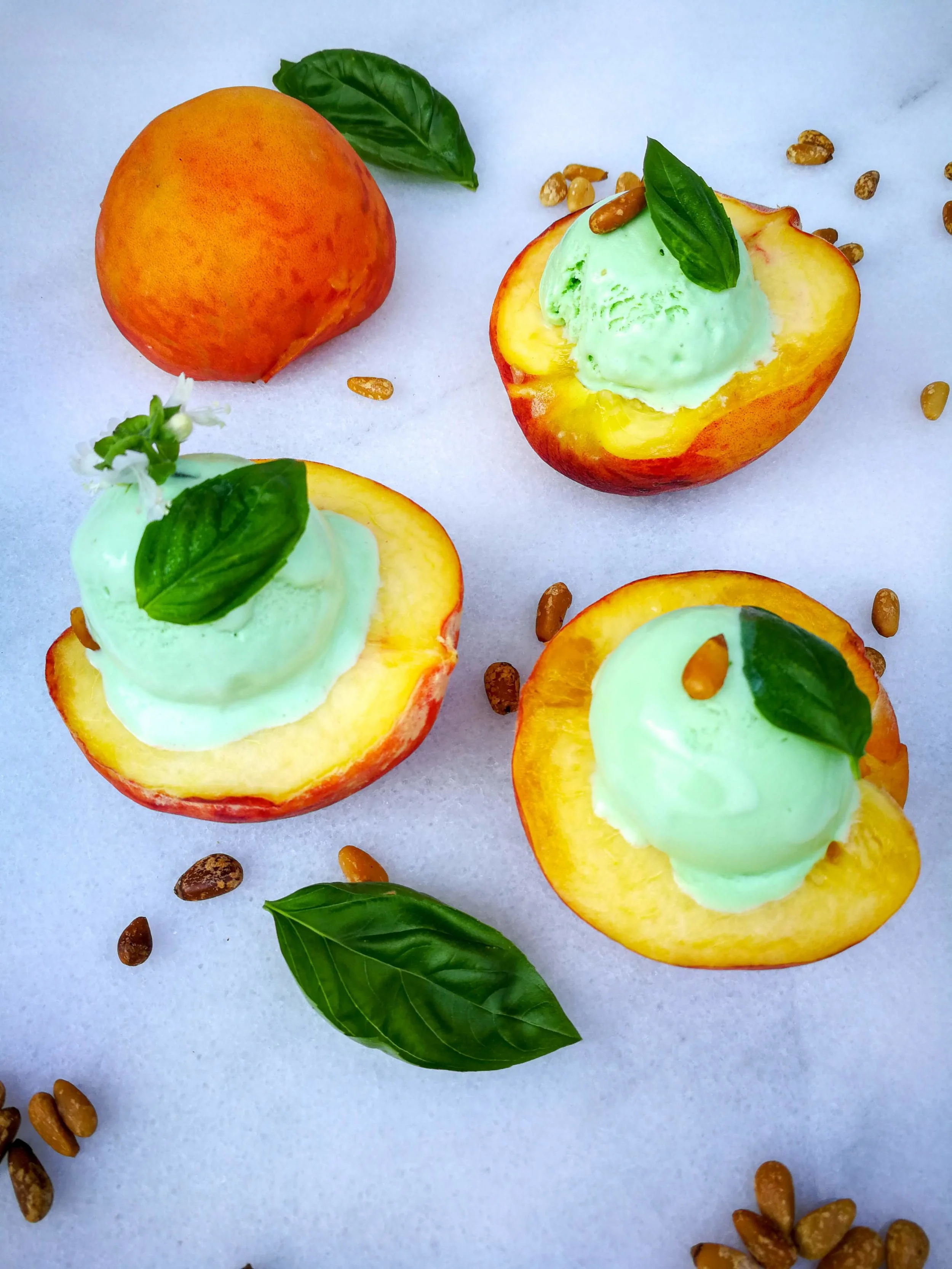 Basil Gelato with Fresh Peaches