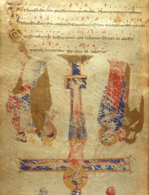 British Library MS 30337: Exultet (the Monte Cassino Exultet Roll), c. 1075-1080 CE. This is an excellent example of a medieval Exultet roll. As is typical, the images are upside down from the perspective of the deacon, so that the congregation can see them the right way up as the deacon gradually unfolds the roll, letting it fall off the ambo.