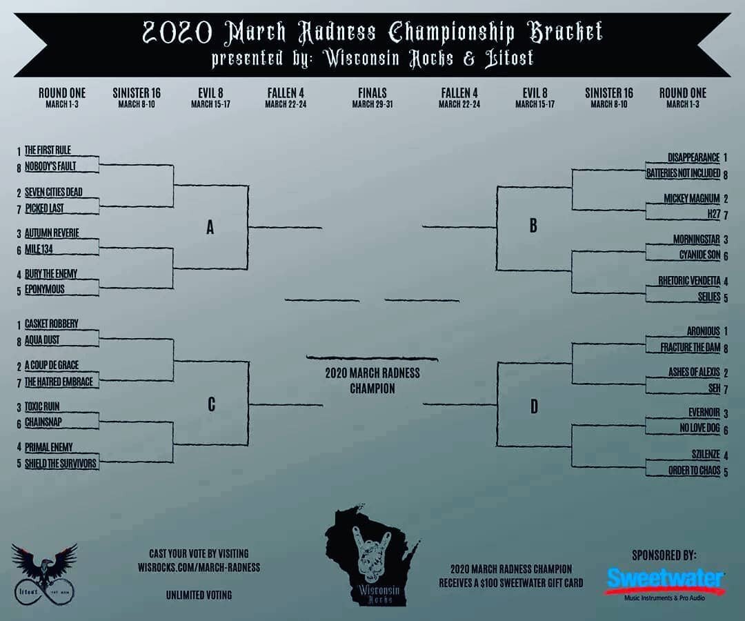 Happy Monday everyone! We are a part of @wiscrocks March Radness tour. Winner receives a $100 Sweetwater gift card. Go to wisrocks.com/march-radness and vote for us! Polls close tomorrow and you get unlimited voting! Make sure you vote! #wisconsinroc