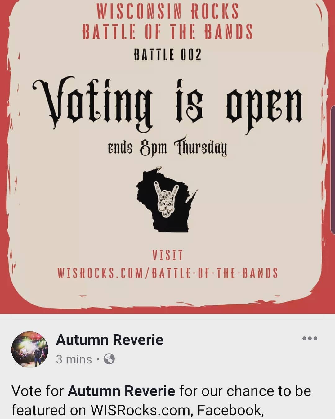Vote for Autumn Reverie for our chance to be featured on WISRocks.com, Facebook, Instagram, and Spotify. Unlimited voting!!!! #wiscrocks #battleofthebands #localmusic #postgrunge