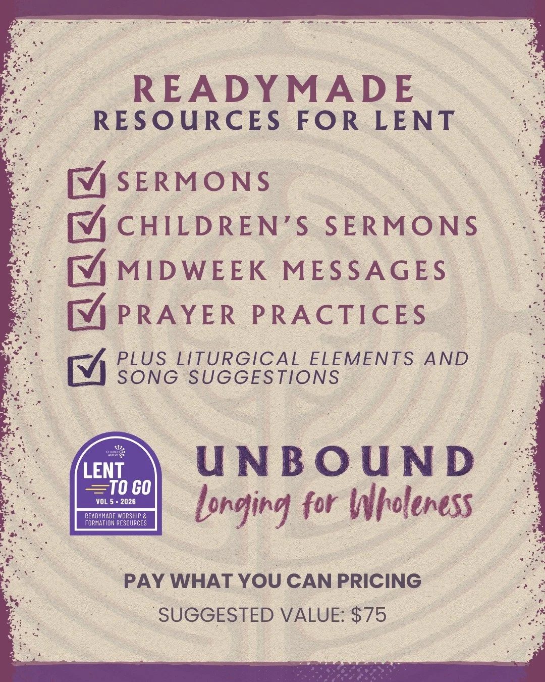 Lent is a big lift for pastors and church leaders! Lean on the expertise and creativity of our collaborators who have made Lent To Go Vol 5 - Unbound: Longing for Wholeness. Learn more and preview the resources on our resource site. Pay what you can 