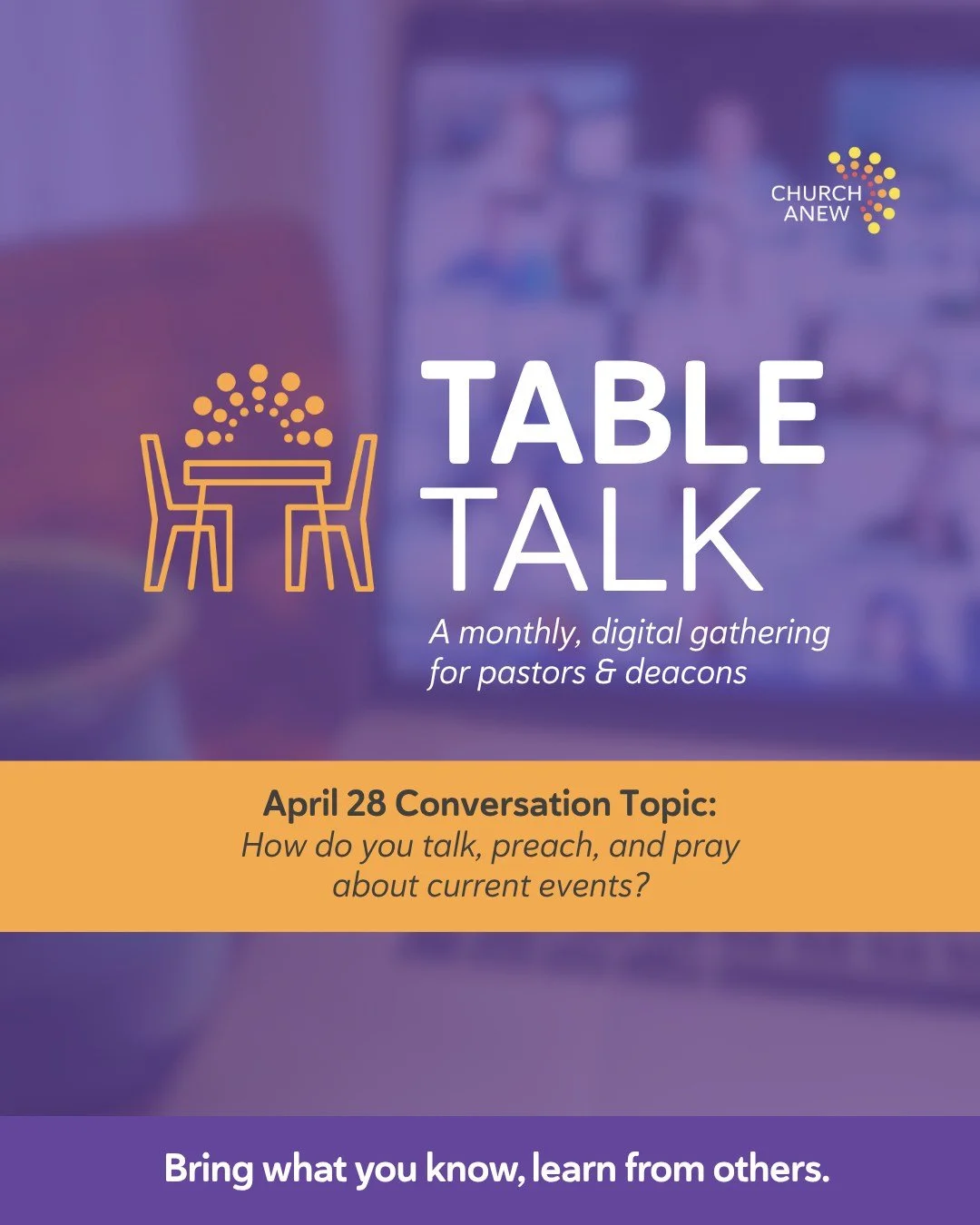 Introducing Table Talk! Table Talk is a free, monthly, digital gathering where pastors and deacons share what's actually working (and what isn't) in our lives and congregations. Registration link in bio.