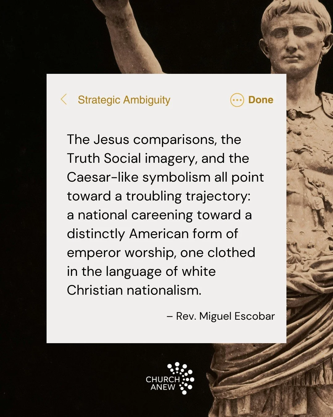 Rev. Miguel Escobar returns to a consideration of &ldquo;render unto Caesar&rdquo; in the face of escalating idolatry in American politics. 🫣 Sound interesting? Comment "render" to receive a link to the full blog post.