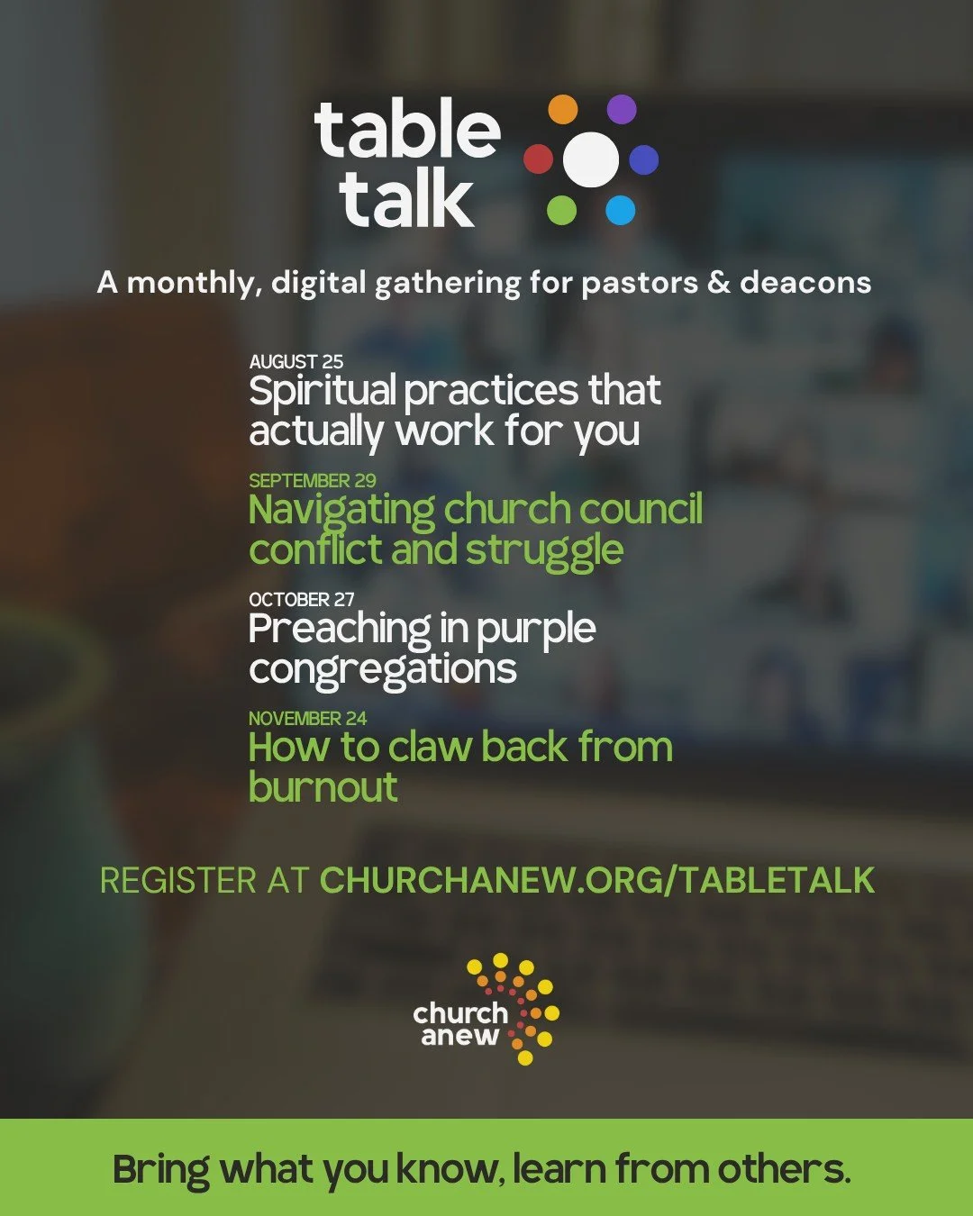 Close out summer with a lunch time discussion on spiritual practices that actually work for you! Join other pastors and deacons at our next Table Talk tomorrow (August 25 at noon central)! Comment "table" for the link to RSVP.