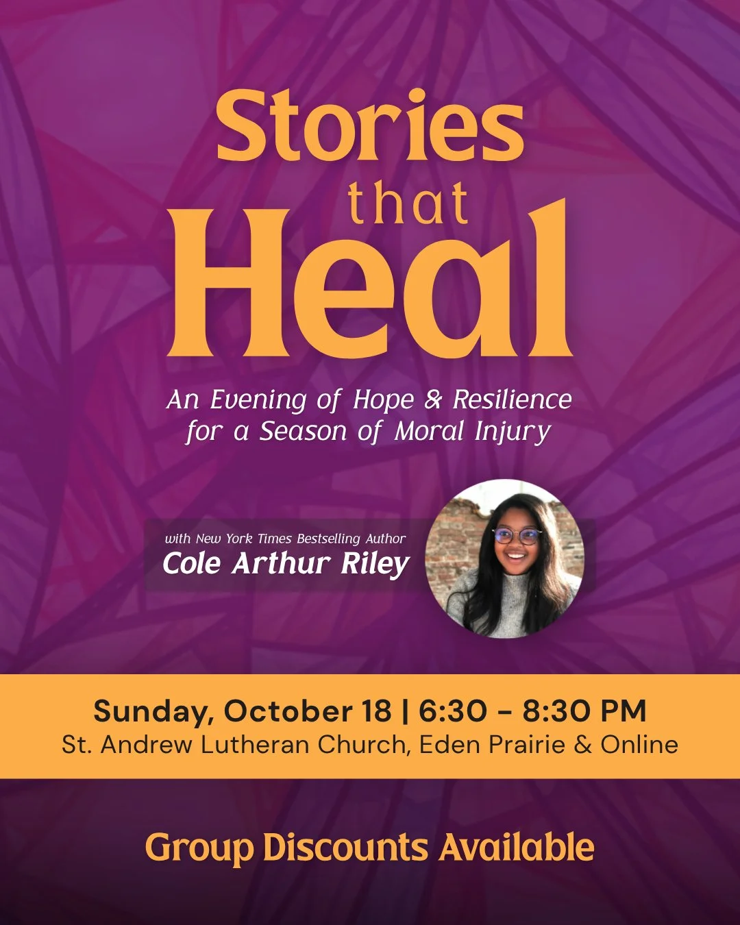 We&rsquo;re hosting a special event Sunday, October 18 with music, stories of hope and resilience and special guest @colearthurriley. 🎉 Group rates and online options available! Comment heal to get a link for tickets.