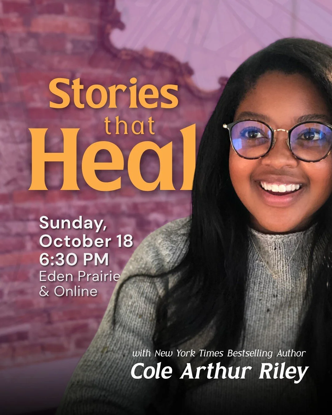 Cole Arthur Riley has given so many of us words for grief and for rest. This Sunday, she&rsquo;ll lead a liturgy for healing written for our community.

Stories that Heal
Sun, Oct 18 &middot; 6:30 PM CT
St. Andrew Lutheran, Eden Prairie &amp; online
