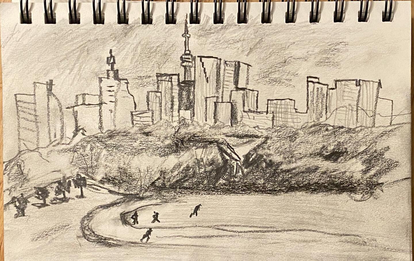 I&rsquo;ve been trying to sketch from life lately, just to practice and bring a little something extra into my paintings. This view was high on my list of spots I wanted to try sketching. Maybe a painting will follow. #toronto #riverdaleparkeast #gra