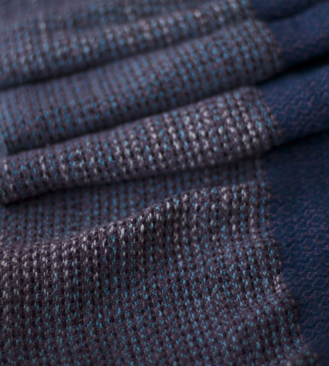 Riverbank scarf: cotton, ikat-dyed raw silk, felted merino wool. Handwoven with twisted fringe.