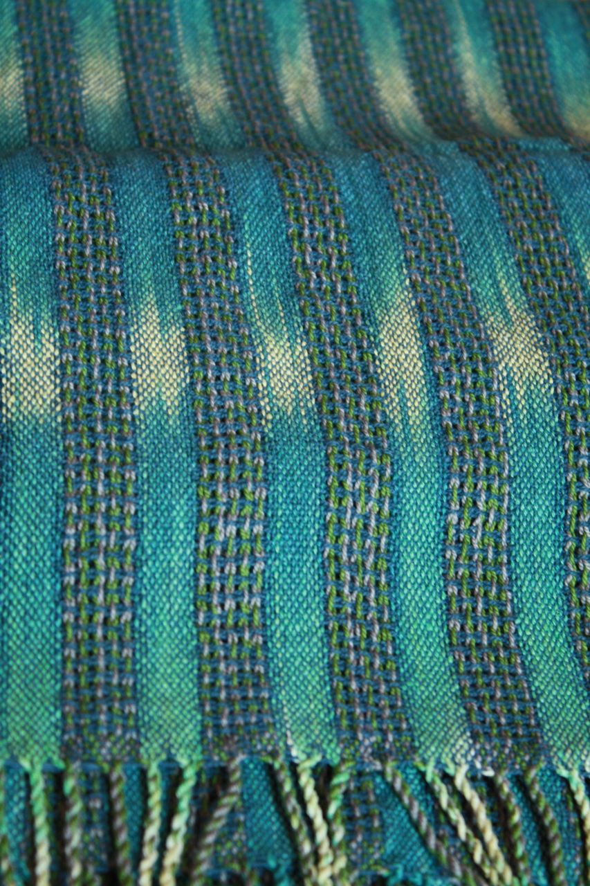 Swedish Lace scarf: cotton, ikat-dyed raw silk. Handwoven with twisted fringe.