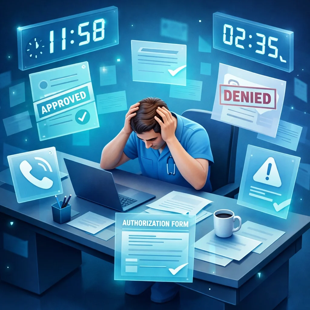 Practice owner overwhelmed by insurance authorization forms and administrative paperwork burden