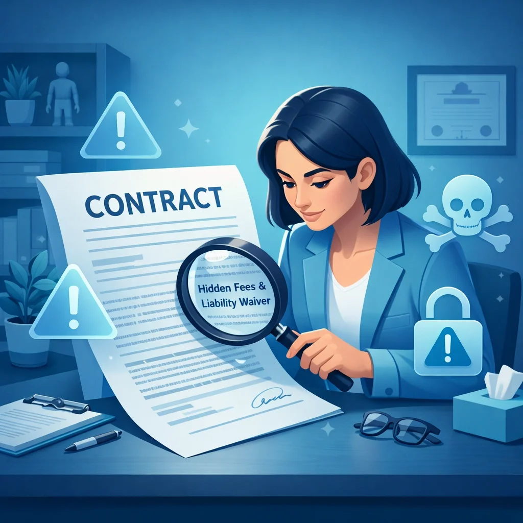 Therapy practice owner reviewing insurance contract terms with magnifying glass to avoid contract traps