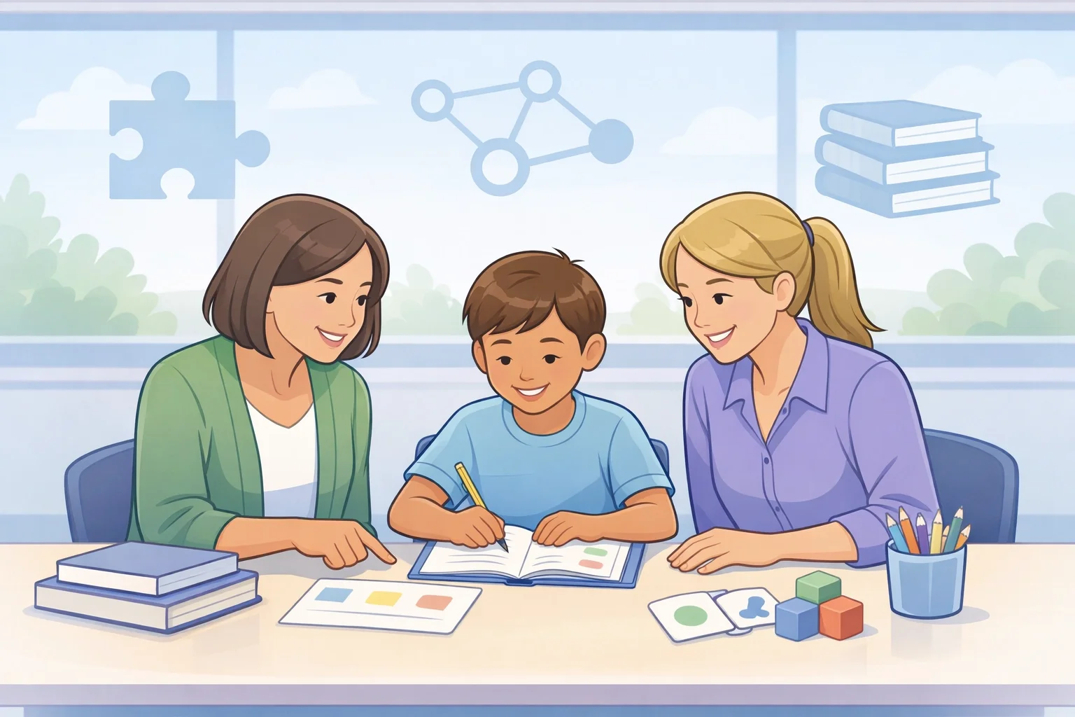 Teacher and therapist collaborating with student in Florida school-based therapy setting