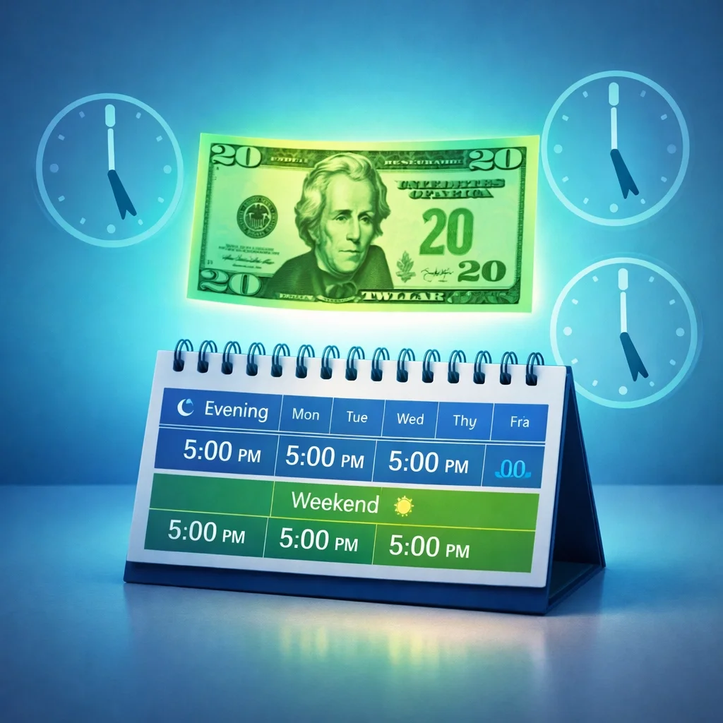 Sunshine Health $20 after-hours bonus with evening and weekend scheduling calendar