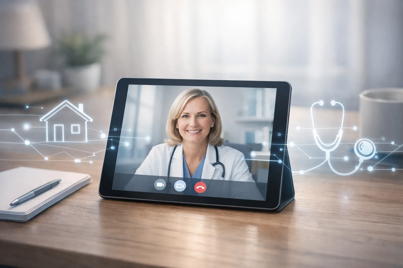 Digital tablet showing a therapy telehealth session, representing the 2027 Medicare extension.