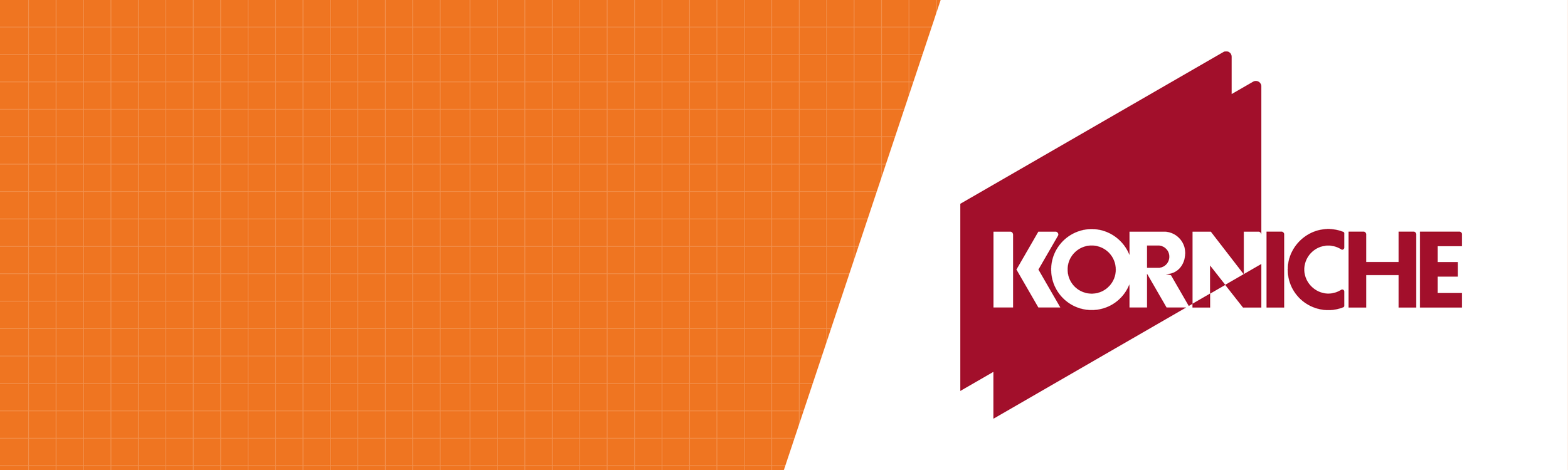 A graphic design with a large orange grid pattern on the left side and a maroon logo with the text 'Korniche' on the right side, featuring a stylized window or building shape.