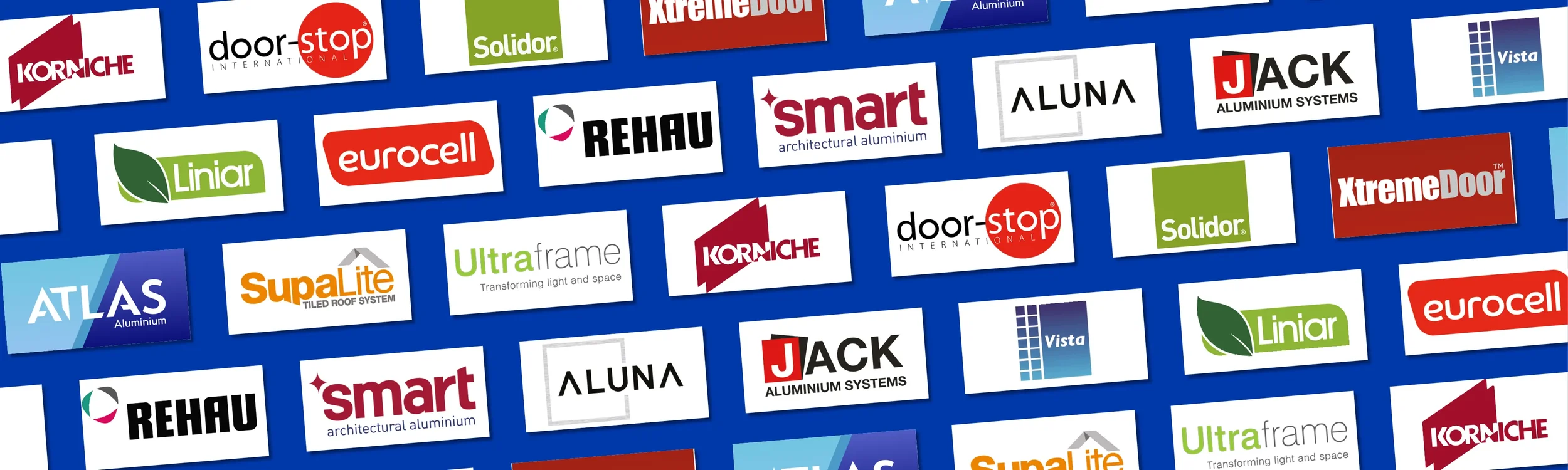 A collage of various company logos related to construction and building materials, including brands like KORNICHE, door-stop, Solidor, eurocell, REHAU, smart, ALUNA, JACK, Xtremedoor, UltraFrame, SupaLite, ATLAS, Vista, Liniar, and XtremeDoor, arranged on a blue background.
