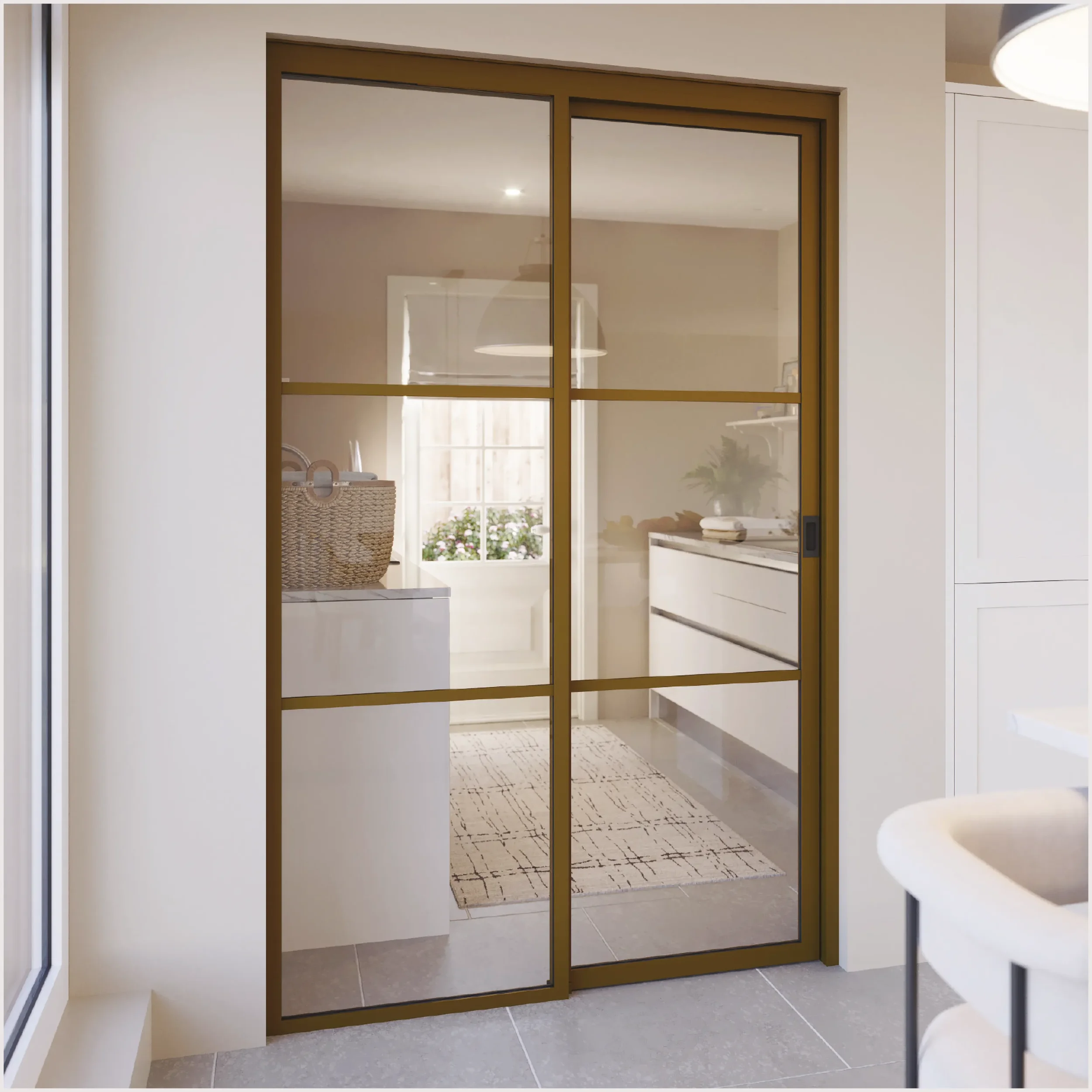 Interior view of a room with a black-framed glass sliding door, beige walls, gray tiled floor, a white cabinet, and a woven basket, with a window showing sunlight and greenery outside.
