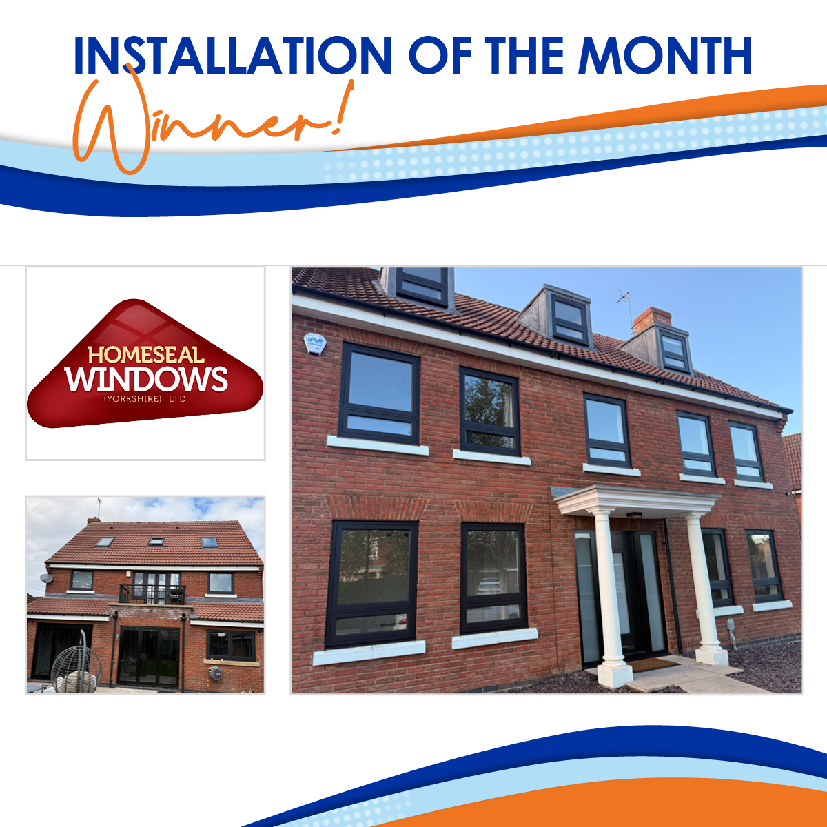 Image showing a brick house with black-framed windows and white columns at the entrance, under a clear blue sky.