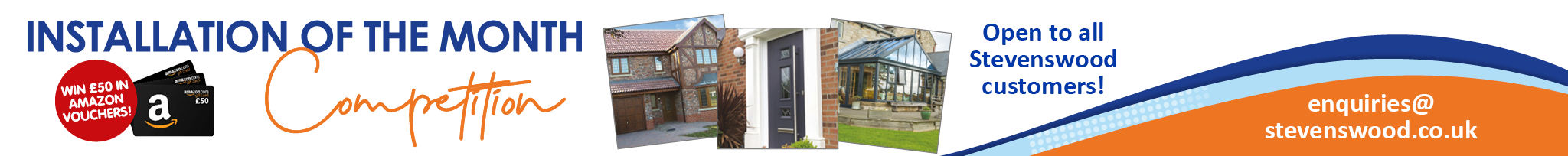 Banner advertisement for Stevenswood, a home improvement company, featuring images of a house, a door, and a conservatory, with contact information and an offer to win Amazon vouchers.