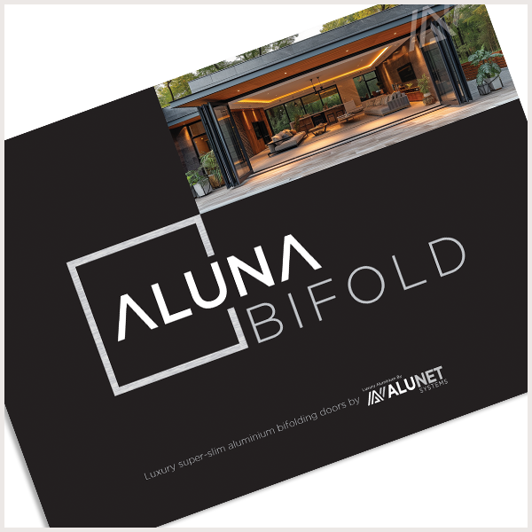 Packaging box for Aluna BiFold luxury slim aluminum bi-folding doors, with an interior living space image in the top section.