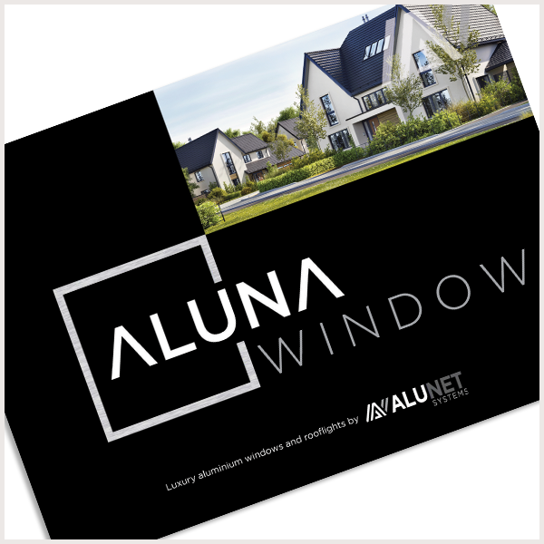 Brochure cover for ALUNA WINDOWS featuring a modern house with large windows, green lawn, and trees.