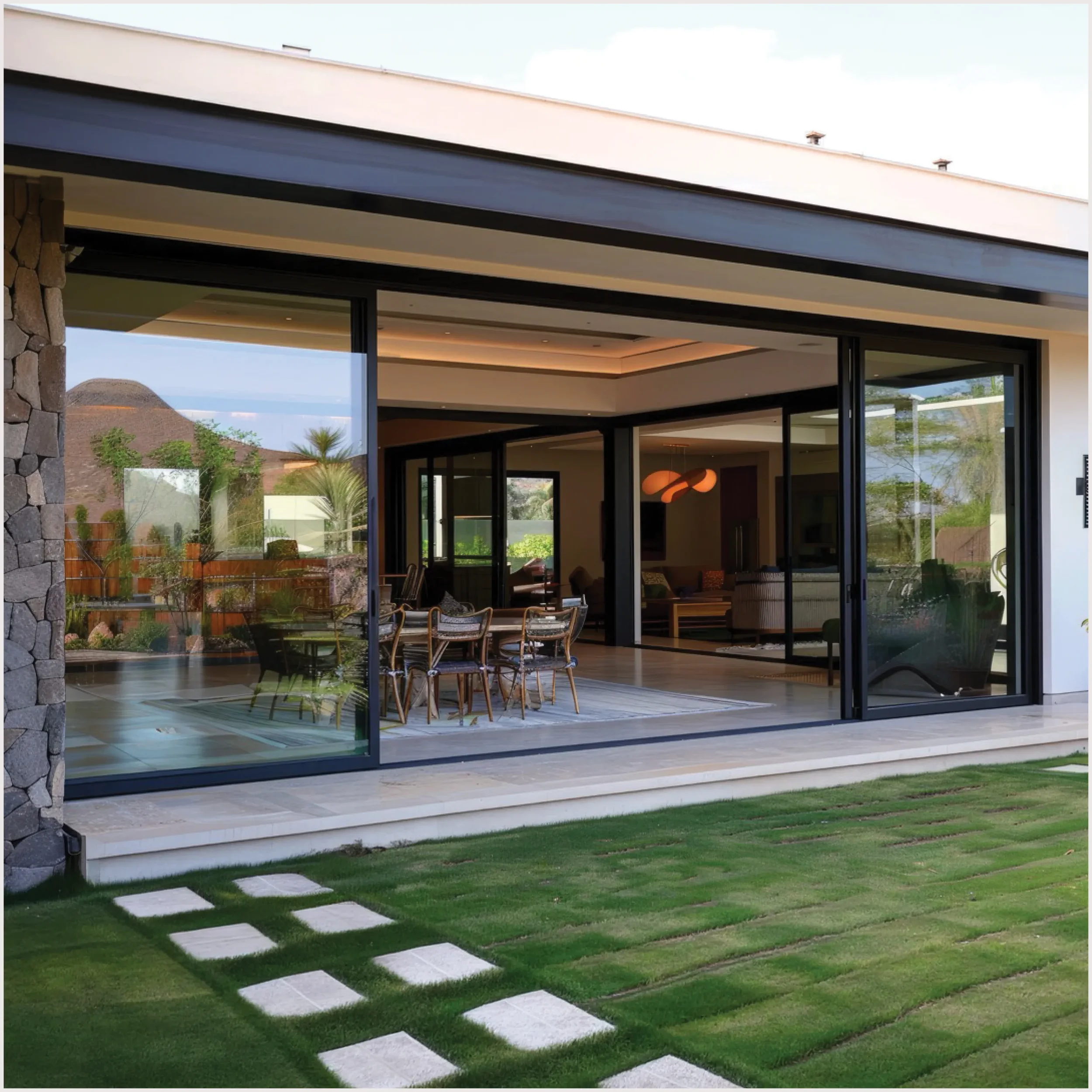 Modern house exterior with large glass sliding doors, stone wall, landscaped lawn, and stepping stones.