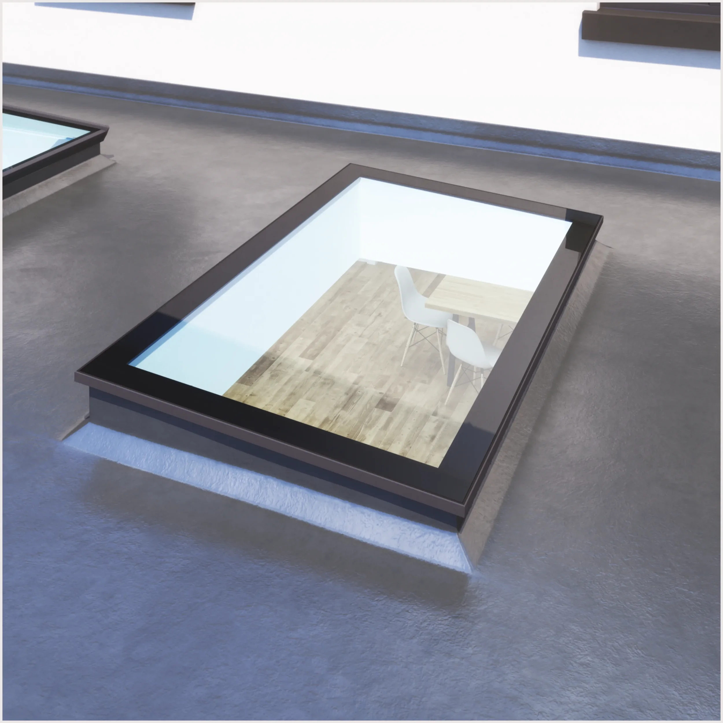 A modern table with a reflective glass top, situated on a textured gray carpet. Visible are part of a white chair with wooden legs and a dark surface area below the table.